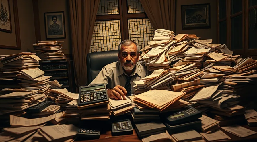 تصویرسازی دلهره و آشفتگی مدیریت صورتحسابهای کاغذی در دهههای گذشته، نمادی از کابوس مالیاتی پیش از سامانه مودیان و آرامش دیجیتال. فاکتورهای کاغذی، حسابداری سنتی، استرس مالیاتی.