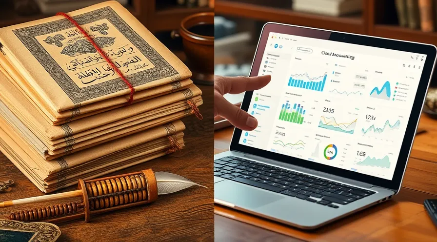 تصویری گویا از تحول حسابداری: خداحافظی با دفتر و دستک‌های قدیمی و کاغذی (دفتر کاهی، ماشین حساب سنتی) و استقبال از مدیریت مالی هوشمند و سریع با نرم‌افزار حسابداری ابری روی تبلت.